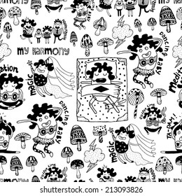Funny Characters Seamless Pattern. Vector illustrations of funny girls. eps8