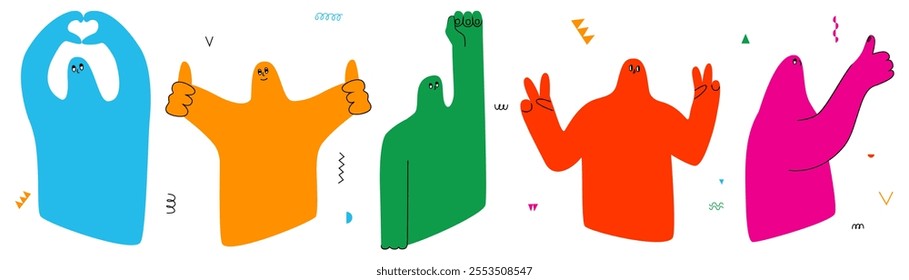 Funny characters showing various signs and symbols with their hands. Thumb up, victory, fist, heart. Vector illustration on white isolated background