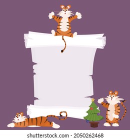 funny characters tigers and old papyrus. flat style vector stock illustration