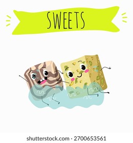 Personagens engraçados confecção turca Halva, cubos com porca de pistache, sobremesa oriental tahini chocolate em camadas, ilustração vetorial desenhada à mão.