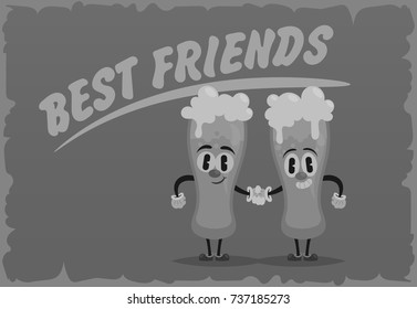 Funny Characters: Two Glasses of Beer. Old Cartoon Style. Vector Illustration