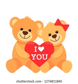 Funny characters are two teddy bears hugging and holding in their paws a big heart with the inscription "I love you." The concept of Valentine's Day, wedding. flat vector illustration isolate on white