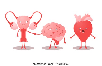 Funny characters uterus, brain and heart. Vector illustration.
