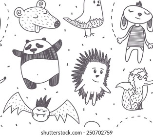 Funny characters vector drawings seamless pattern