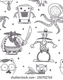 Funny characters vector drawings seamless pattern
