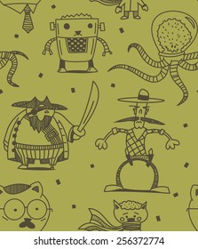 Funny characters vector drawings seamless pattern