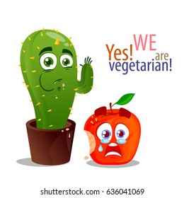 Funny characters of vegetarian food. Apple and cactus. Cactus eating a piece of apple. Vector illustration isolated on white background