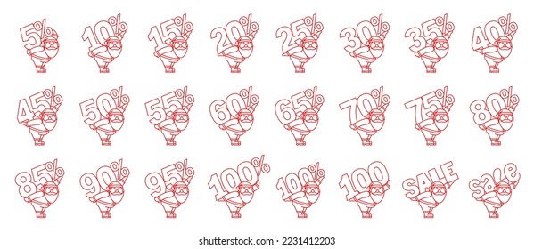 Funny charming Santa Claus carry on back big red number, text, percent sign. Christmas or New Year winter sale season (shopping discount creative set). Thin line vector icons set. Editable Strokes