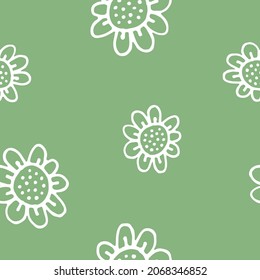 Funny and charming vector pattern in the form of flowers-a white doodle on a pleasant green background. Cute abstract flowers with seeds, similar to sunflowers, will be the perfect print or background