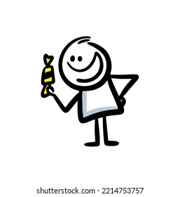 Funny chatacter gives a sweet with smile. Vector illustration fo funny kind man.