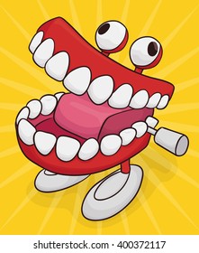 Funny chattering teeth toy with googly eyes and feet isolated in yellow background.