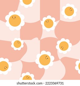 Gracioso tablero de ajedrez sin costura con flores sonrientes. Impresión veraniega de moda. Ilustración dibujada a mano por vectores.