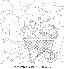 funny checkered wheelbarrow with different vegetables and fruits at rustic fence against cloudy sky for your coloring book