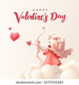 Funny cheerful banner with greetings to all lovers. 3D cheerful cupid in the clouds shoots at lovers. Vector