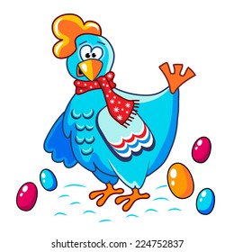 The funny cheerful blue chicken with colorful eggs, vector illustration. New Year, Christmas, Xmas, Easter. Black background with snowflakes