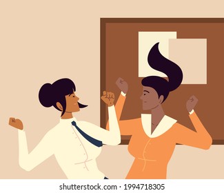 funny cheerful businesswomen in office