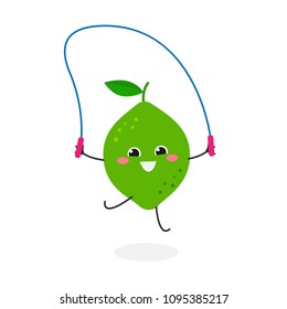 Funny cheerful cartoon lime playing jumping rope. Vector flat illustration isolated on white background 