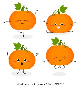 Funny cheerful cartoon pumpkin characters set in flat style. Vector illustration isolated on white background 