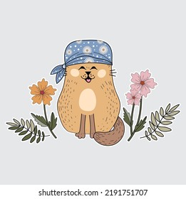 Funny and cheerful cat. Cat 70s, 60s. Postcard, sticker, clipart with a kitten. Flat illustration, vector, doodle.