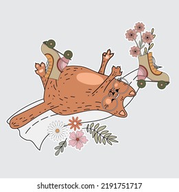 Funny and cheerful cat. Cat 70s, 60s. Postcard, sticker, clipart with a kitten. Flat illustration, vector, doodle.
