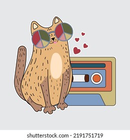 Funny and cheerful cat. Cat 70s, 60s. Postcard, sticker, clipart with a kitten. Flat illustration, vector, doodle.