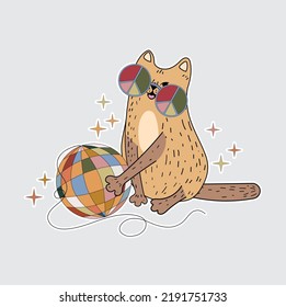 Funny and cheerful cat. Cat 70s, 60s. Postcard, sticker, clipart with a kitten. Flat illustration, vector, doodle.