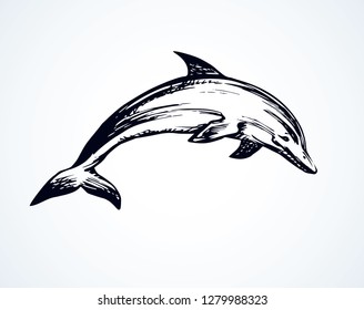 Funny cheerful cetacean breach on light backdrop. Outline dark ink hand drawn pet pictogram logotype emblem sketchy in art retro engrave doodle style pen.