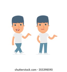 Funny and Cheerful Character Activist making presentation using his hand. for use in presentations, etc.