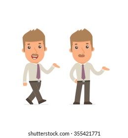Funny and Cheerful Character Broker making presentation using his hand. for use in presentations, etc.