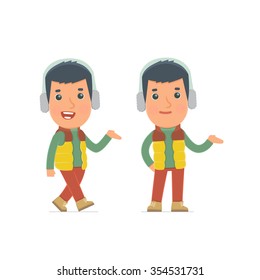 Funny and Cheerful Character Winter Citizen making presentation using his hand. for use in presentations, etc.