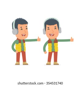 Funny and cheerful Character Winter Citizen showing thumb up as a symbol of approval. for use in presentations, etc.
