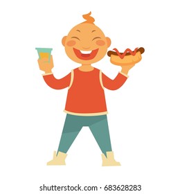 Funny cheerful child with hotdog and sweet soda