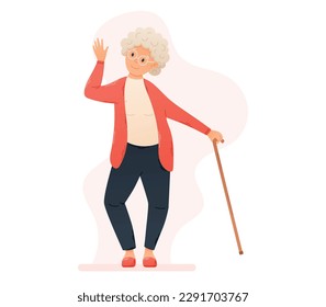 Funny cheerful Dancing or Waving old woman with a cane in glasses. Vector isolated flat illustration of Pensioner grandmother.