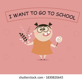 funny cheerful girl with big teeth and candy in her hands, childrens illustrations, postcards