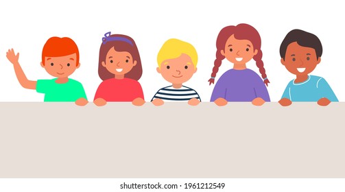Funny cheerful group character little kid standing hold empty banner, children wave hand, smiling child flat vector illustration, isolated on white.