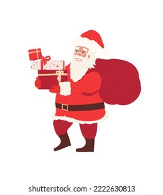 Funny, cheerful happy Santa Claus with gift bag, carrying presents. Cartoon Christmas illustrations isolated on white. For Christmas cards, banners, tags and labels.
