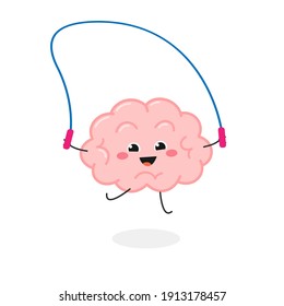 Funny cheerful kawaii brain playing jumping rope. Vector flat illustration isolated on white background 