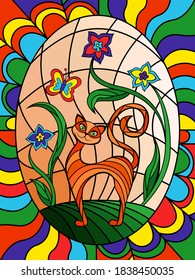 Funny and cheerful kitty among flowers with a butterfly, bright multicolor stained-glass window for a children's room