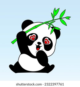 Funny Cheerful Panda With Loving Eyes Waves His Paw With A Branch Of Young Bamboo. Vector Image