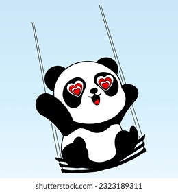 Funny Cheerful Panda With Loving Eyes Who Rides On A Swing. Vector Image