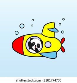 Funny cheerful panda that floats on a submarine. Vector image