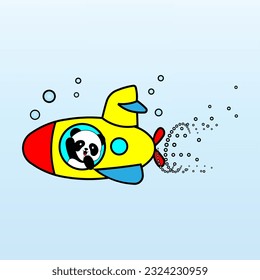 Funny cheerful panda that floats on a submarine. Vector image