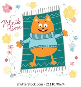 Funny cheerful red cat lies on a rug against the background of flowers, picnic time