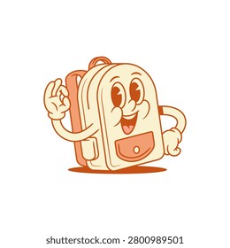 Funny cheerful schoolbag back to school cartoon character okay gesture isometric vector illustration. Smiling comic backpack bag pupil studying minimalist mascot showing ok good alright gesturing