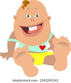 A funny, cheerful smiling baby with red hair is sitting on the floor. Cartoon.
