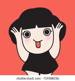 Funny Cheerful Teenage Girl Sticking Out Her Tongue With The  Thumbs Hands On The Head Concept Card Character illustration