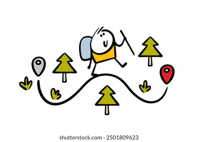 Funny cheerful traveler walks along the line to destination. Vector illustration of forest tourist hiking with  backpack. Cartoon route is laid out. Isolated doodle character on white background.