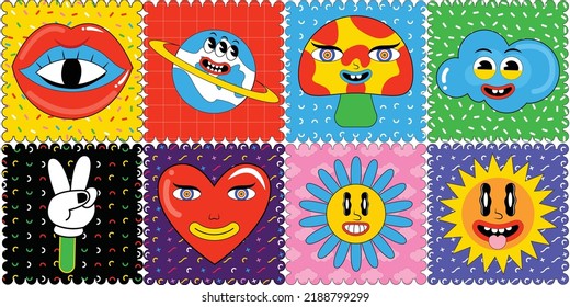 Funny cheerful trendy retro style comic cartoon characters sticker pack and badges and labels. Cute comic doodle stickers, psychedelic sticker, trendy retro element. mushroom, heart shape, sun, flower