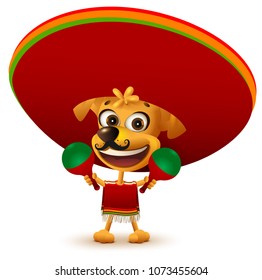 Funny cheerful yellow mexican dog in poncho and sombrero holding maracas. Isolated on white vector illustration