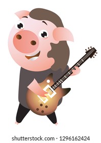 A funny  cheerfull rockstar piggy plays guitar. Musician. Vector illustration.  Isolated on transparent background.  Excellent for the design of postcards, posters, stickers and so on.
